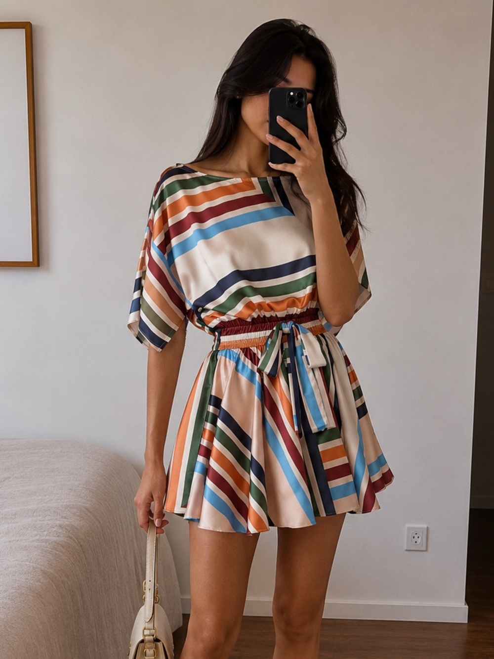 MISA Los Angeles Contemporary Stripe Mini Dress Belted Multicolor Size S NWT